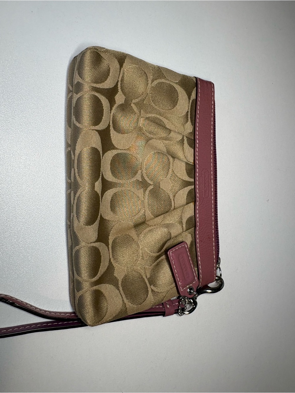 Coach Khaki Signature Canvas Wristlet with Pink Trim
